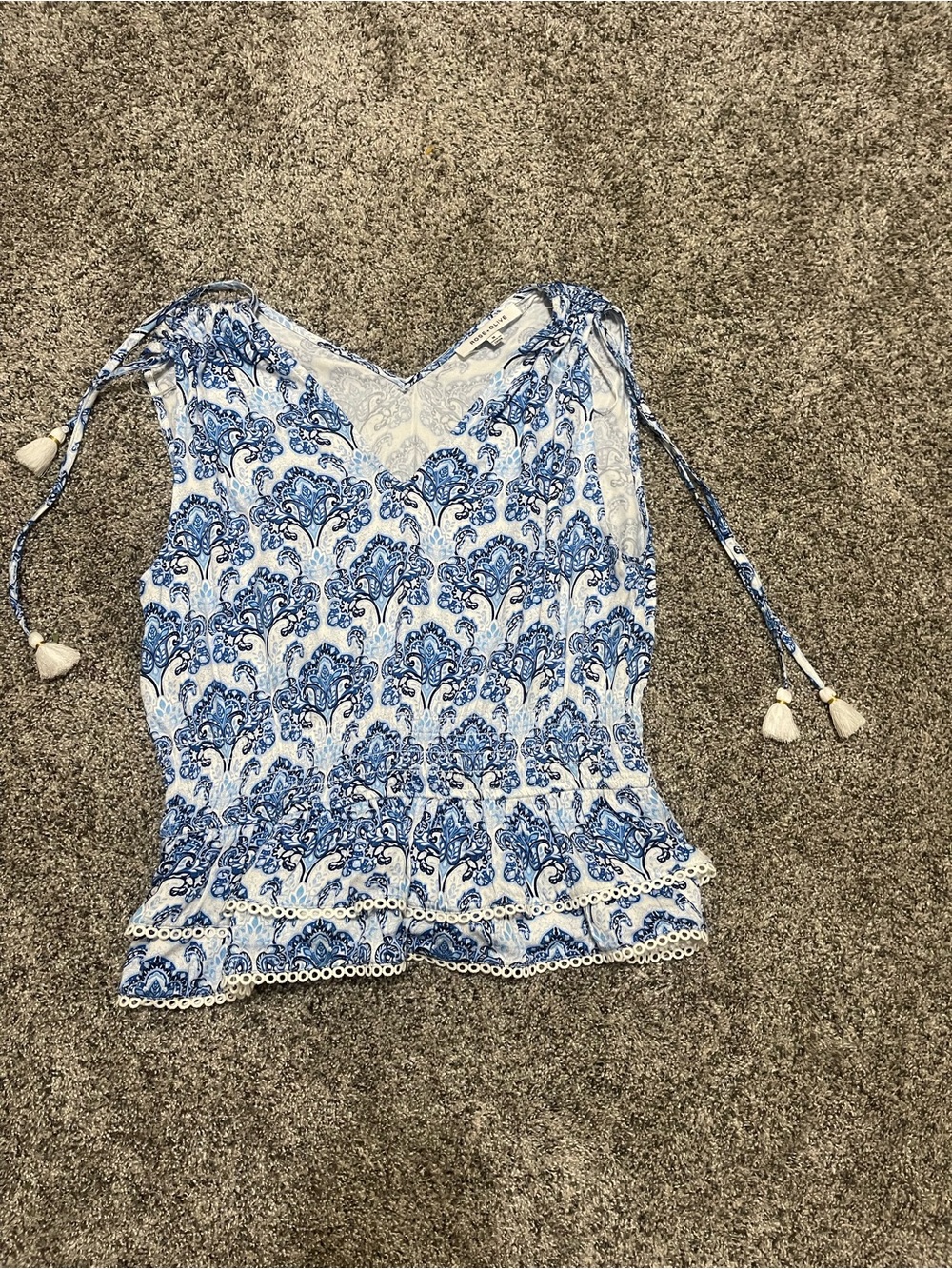 Rose & Olive Blue Paisley Tie-Shoulder Peplum Tank